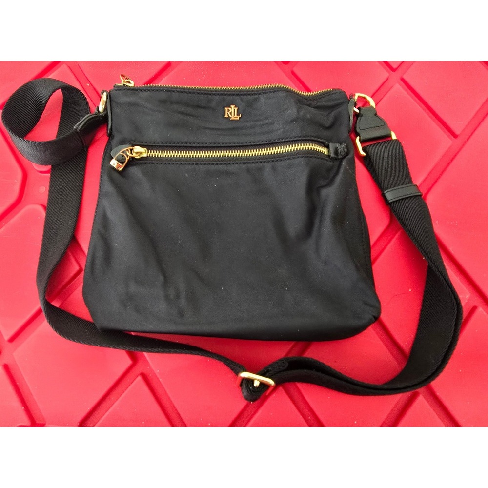 Lauren Ralph Lauren Black Nylon Crossbody Bag Gold Hardware Messenger Pocket